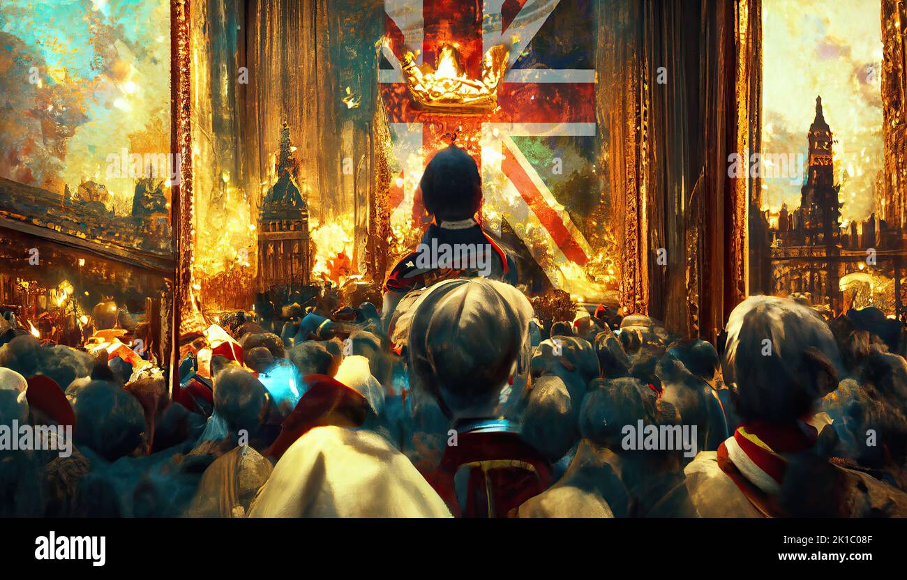 The new King of the United Kingdom in the crowning ceremony. English people of England hailing the king with flags of the United Kingdom. 3D Stock Photo