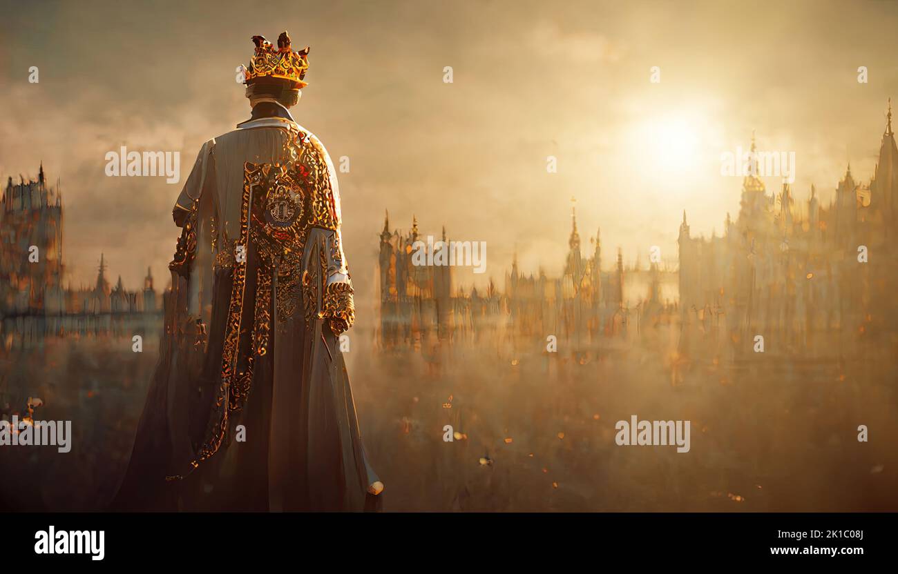 The new King of the United Kingdom hailed by the crowd of England, in the crowning ceremony. 3D illustration, digital art watercolor painting. Stock Photo