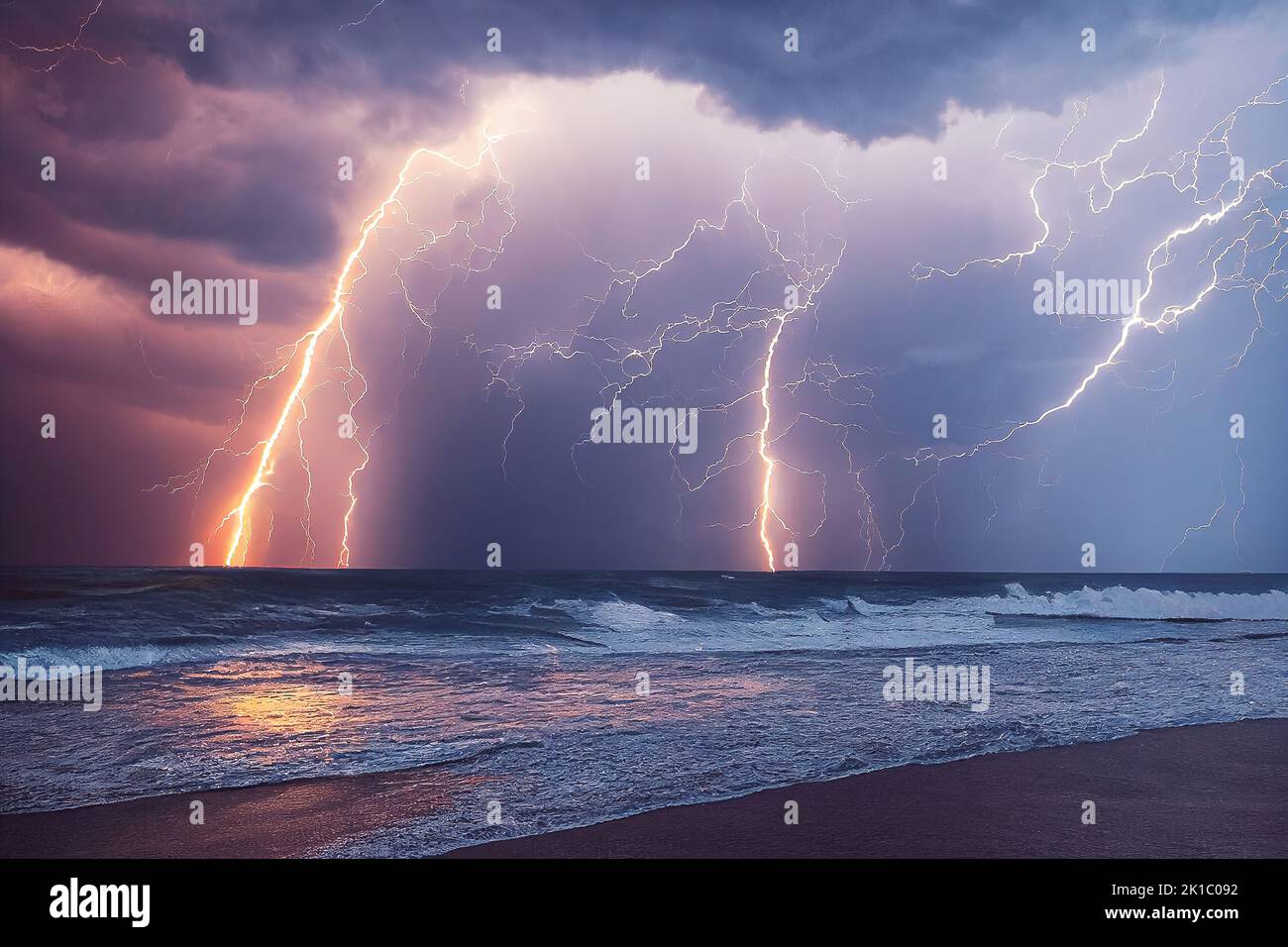Tropical storm with powerful and dangerous lightning strikes in the cloudy sky and stormy ocean. Natural disasters caused by the climate change. 3D Stock Photo