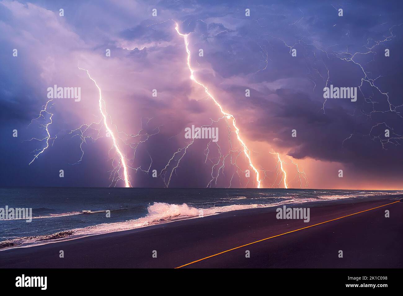 A storm with dangerous lightning strikes in a cloudy sky and stormy ocean is pictured in a natural disaster caused by climate change. 3D illustration Stock Photo