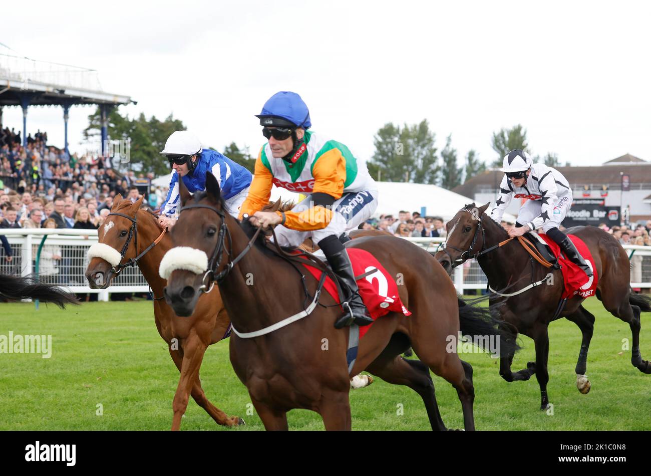 Barefoot Angel ridden by jockey Paul Mulrennan wins the Virgin Bet Firth Of Clyde Fillies' Stakes during the Virgin Bet Ayr Gold Cup day at Ayr Racecourse, Ayr. Picture date: Saturday September 17, 2022. Stock Photo