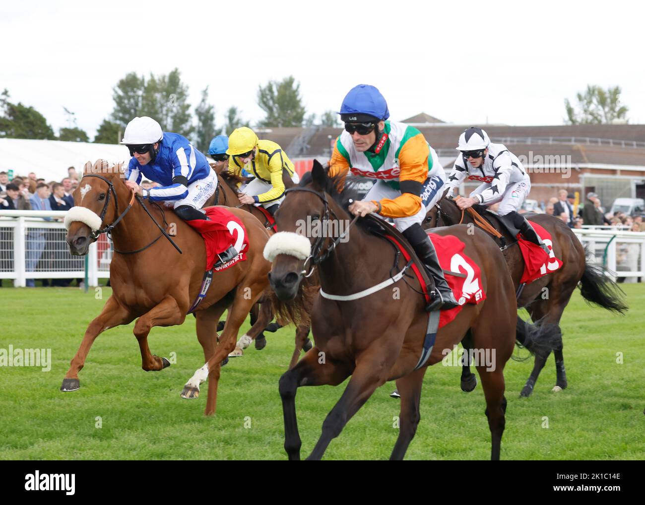 Barefoot Angel ridden by jockey Paul Mulrennan wins the Virgin Bet Firth Of Clyde Fillies' Stakes during the Virgin Bet Ayr Gold Cup day at Ayr Racecourse, Ayr. Picture date: Saturday September 17, 2022. Stock Photo