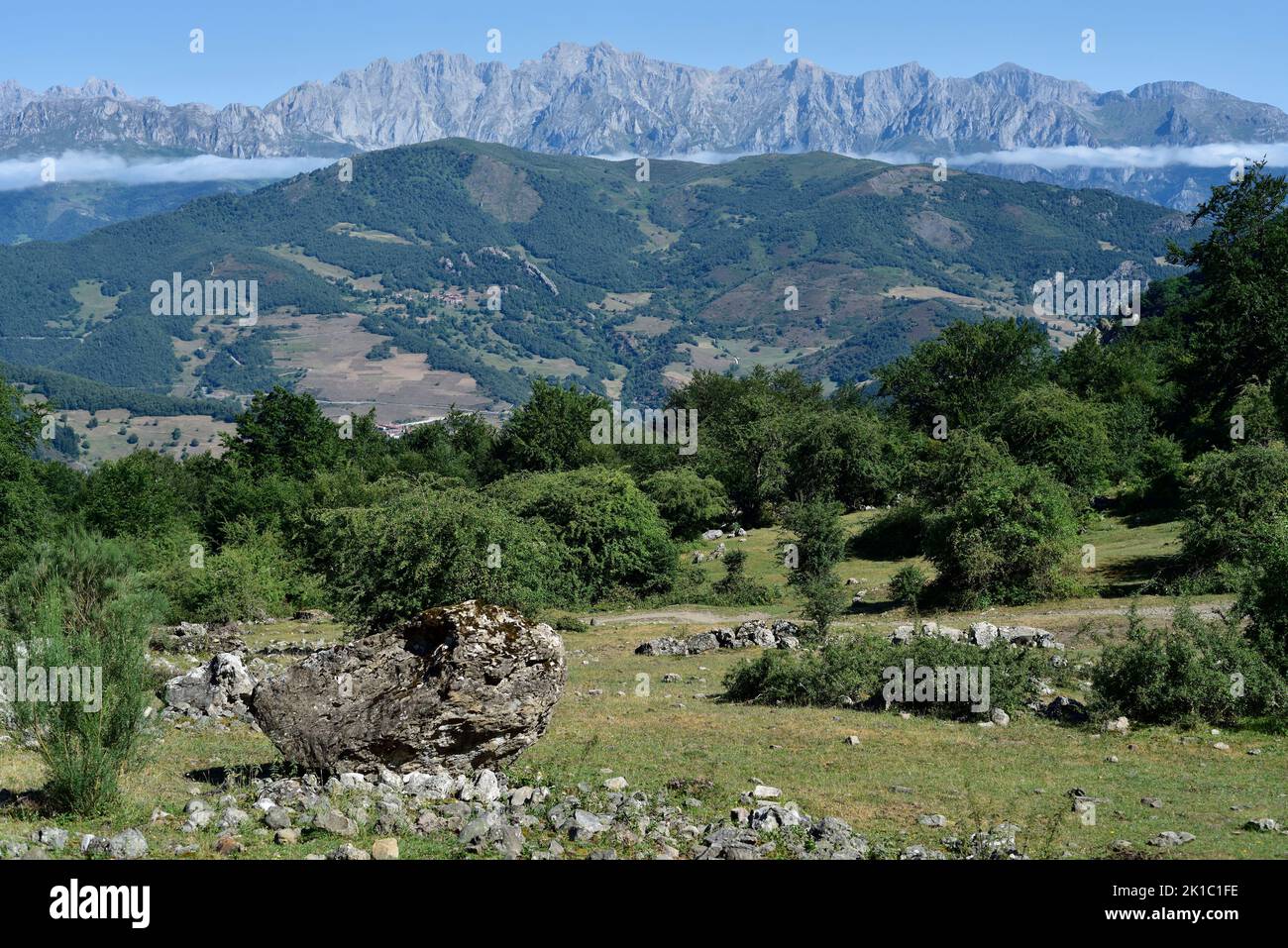 Picos de Europa, Macizo Oriental (Eastern Massif) seen from the footpath above Cucayo, Parque Natural de Fuentes Carrionas, Cantabria, northern Spain. Stock Photo
