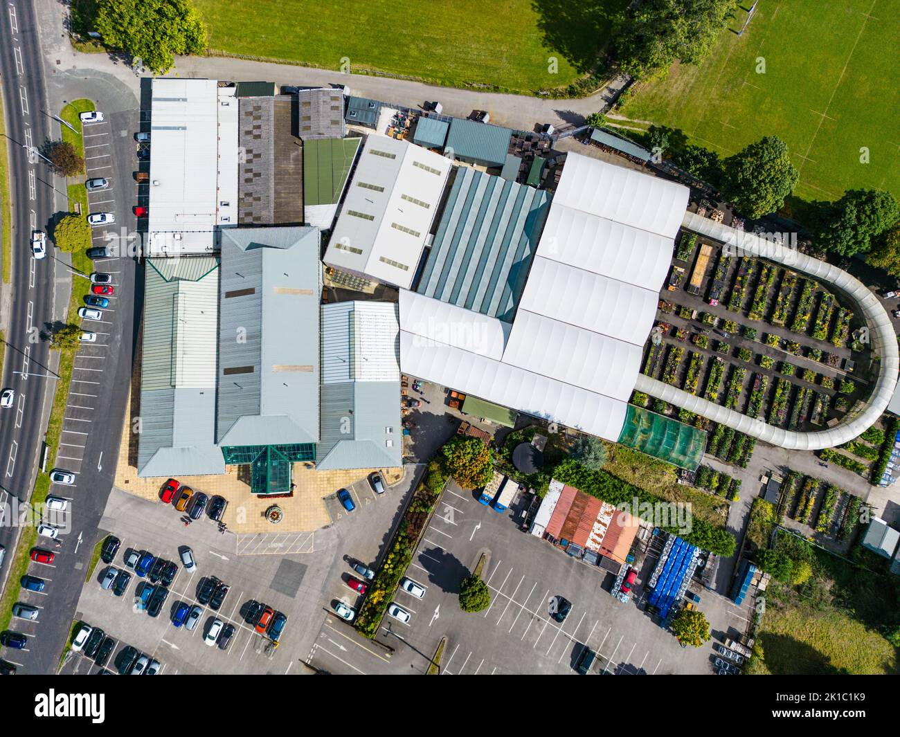 Aerial view of a garden centre, Otley, West Yorkshire. Stephen Smith's garden centre a plant nursery and crafts shop. Stock Photo