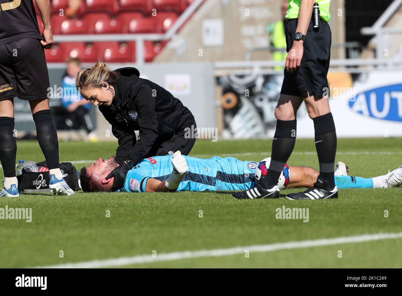 Rochdale's captain Richard O'Donnell receives some attention during the first half of the Sky Bet League 2 match between Northampton Town and Rochdale at the PTS Academy Stadium, Northampton on Saturday 17th September 2022. Credit: MI News & Sport /Alamy Live News Stock Photo