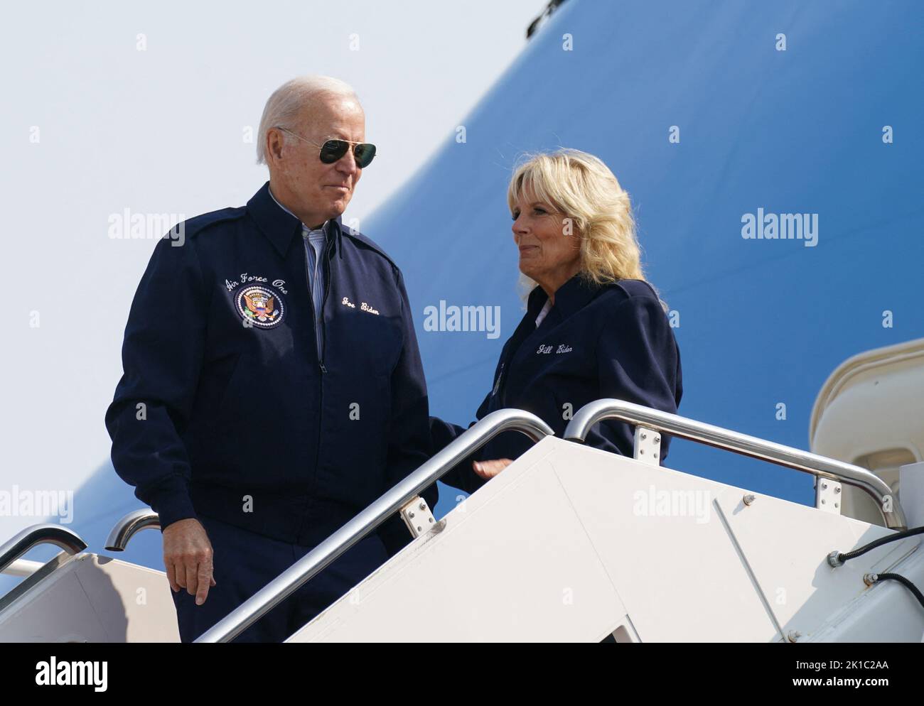 U.S. President Joe Biden and first lady Jill Biden board Air Force One as they depart  for London to attend the funeral of Britain's Queen Elizabeth, from Joint Base Andrews in Maryland, U.S., September 17, 2022. REUTERS/Kevin Lamarque Stock Photo