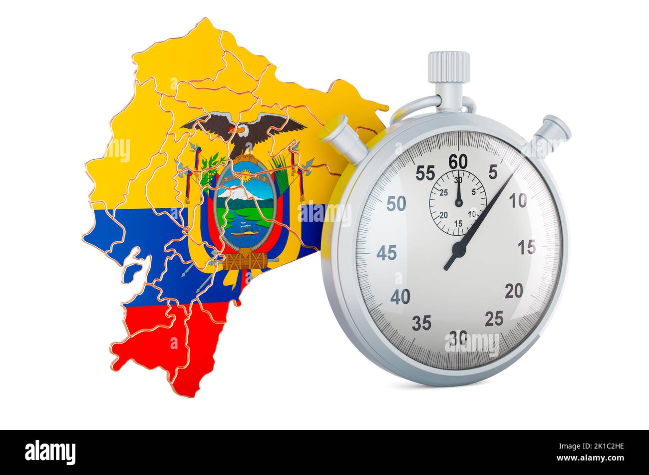 Ecuadorian map with stopwatch, 3D rendering isolated on white