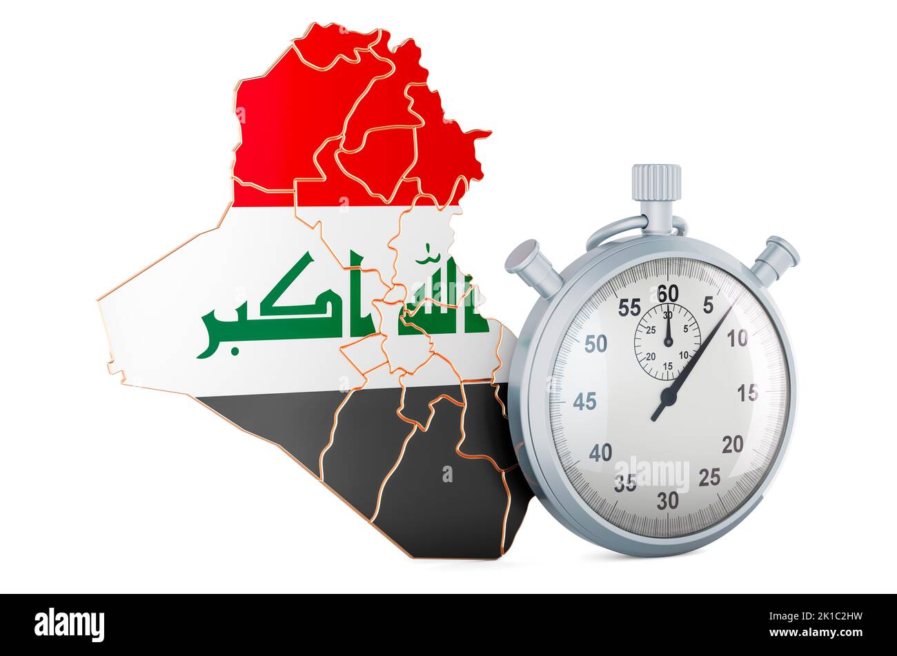 Iraqi map with stopwatch, 3D rendering isolated on white background Stock Photo