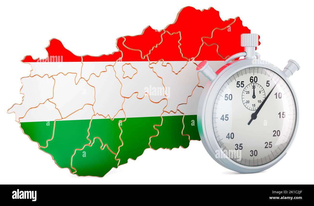 Hungarian map with stopwatch, 3D rendering isolated on white background