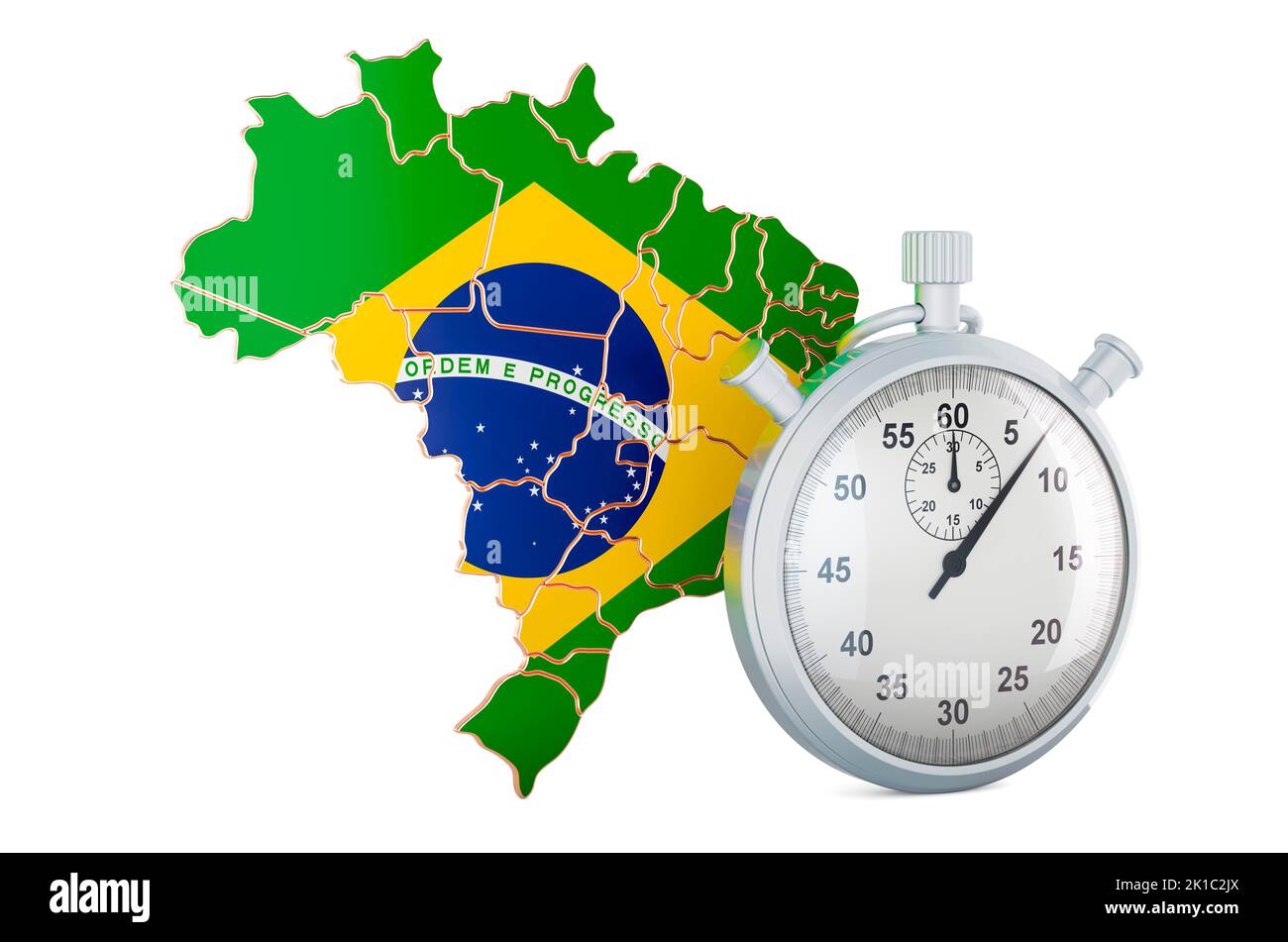 Brazilian map with stopwatch, 3D rendering isolated on white background