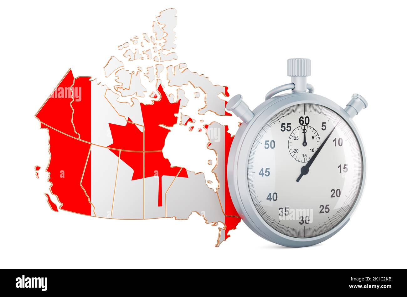 Canadian map with stopwatch, 3D rendering isolated on white background