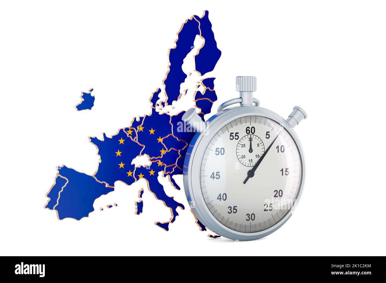 The EU map with stopwatch, 3D rendering isolated on white background