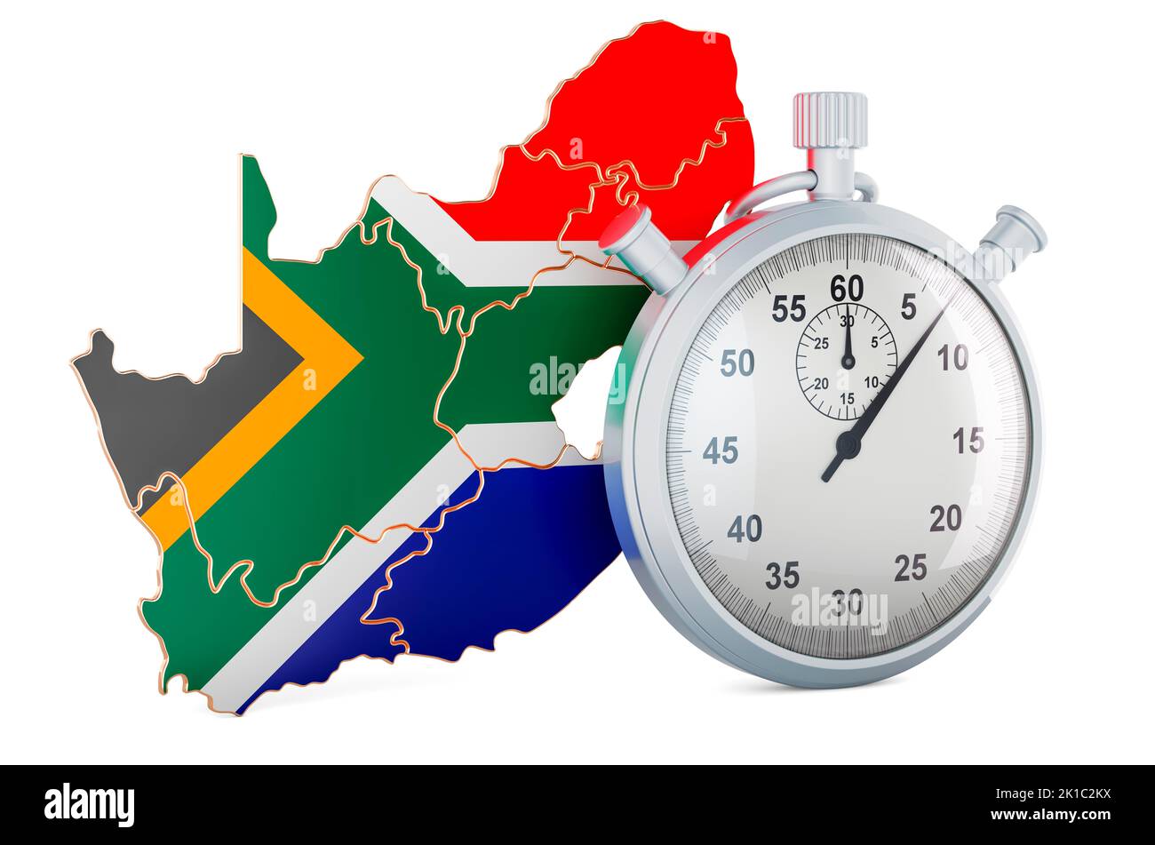 South African map with stopwatch, 3D rendering isolated on white