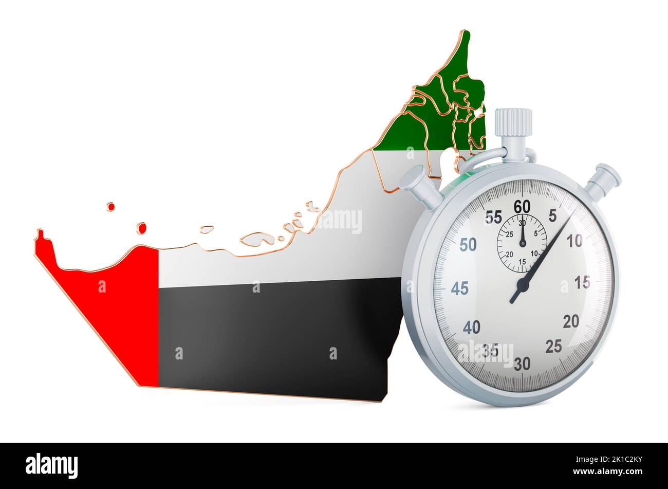 The United Arab Emirates map with stopwatch, 3D rendering isolated on