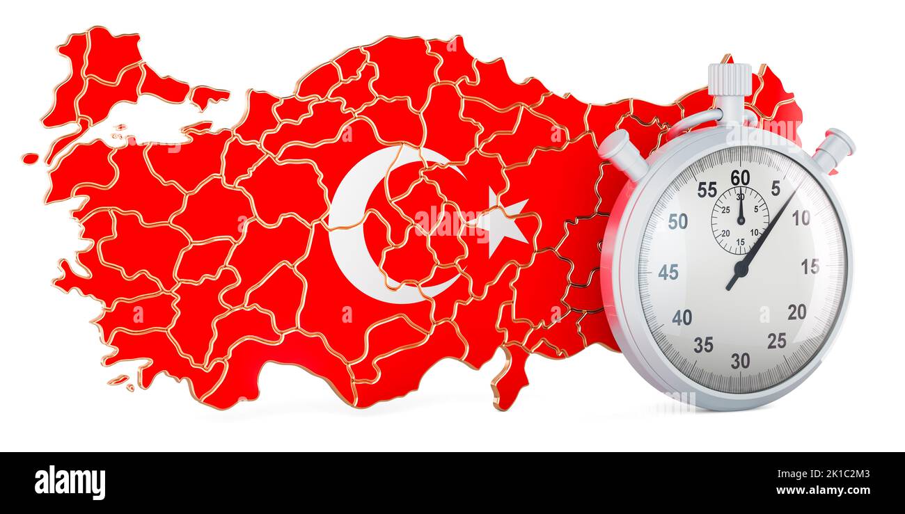 Turkish map with stopwatch, 3D rendering isolated on white background