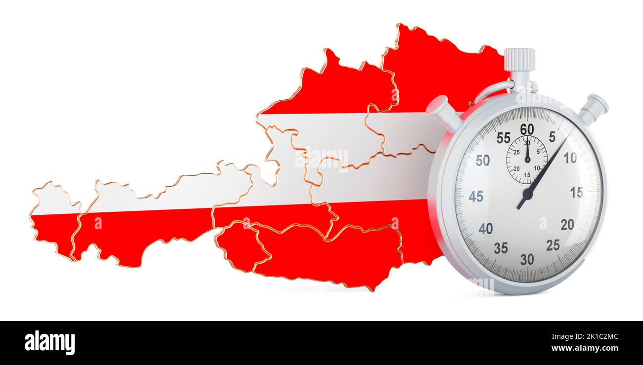 Austrian map with stopwatch, 3D rendering isolated on white background Stock Photo