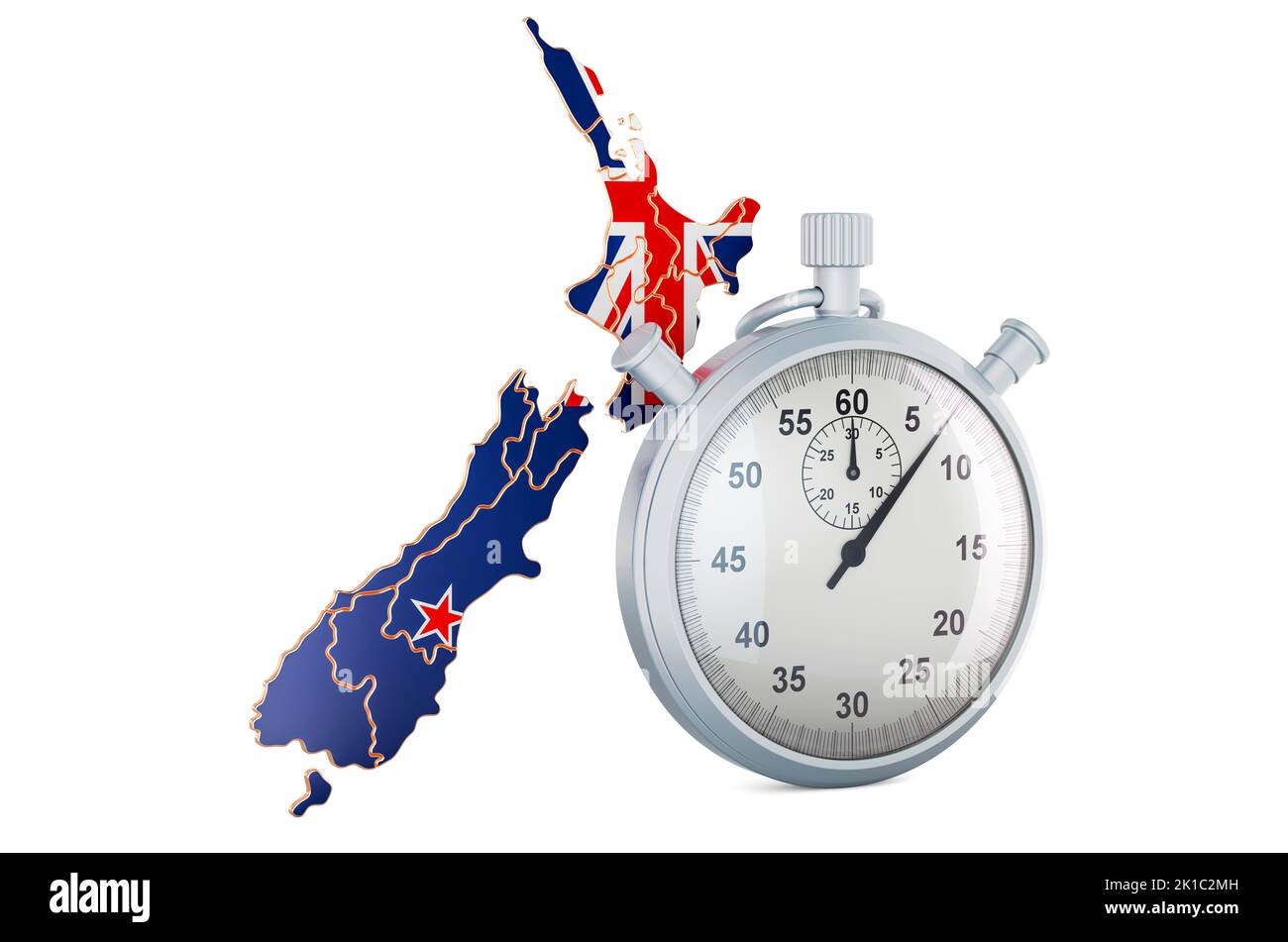 New Zealand map with stopwatch, 3D rendering isolated on white background Stock Photo