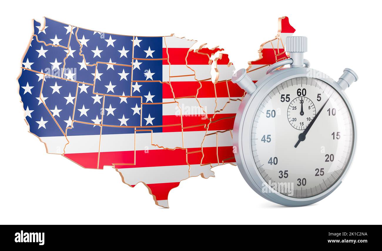 The United States map with stopwatch, 3D rendering isolated on white background Stock Photo