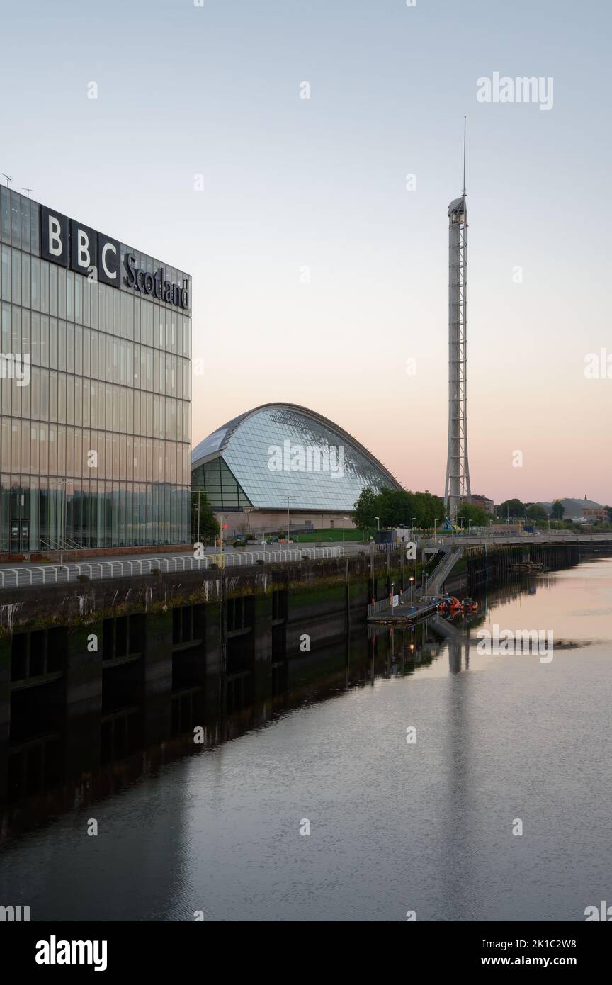 Glasgow, Scotland, UK, September 10th 2022, BBC Scotland and Glasgow Science Centre Tower at the River Clyde in Glasgow Stock Photo
