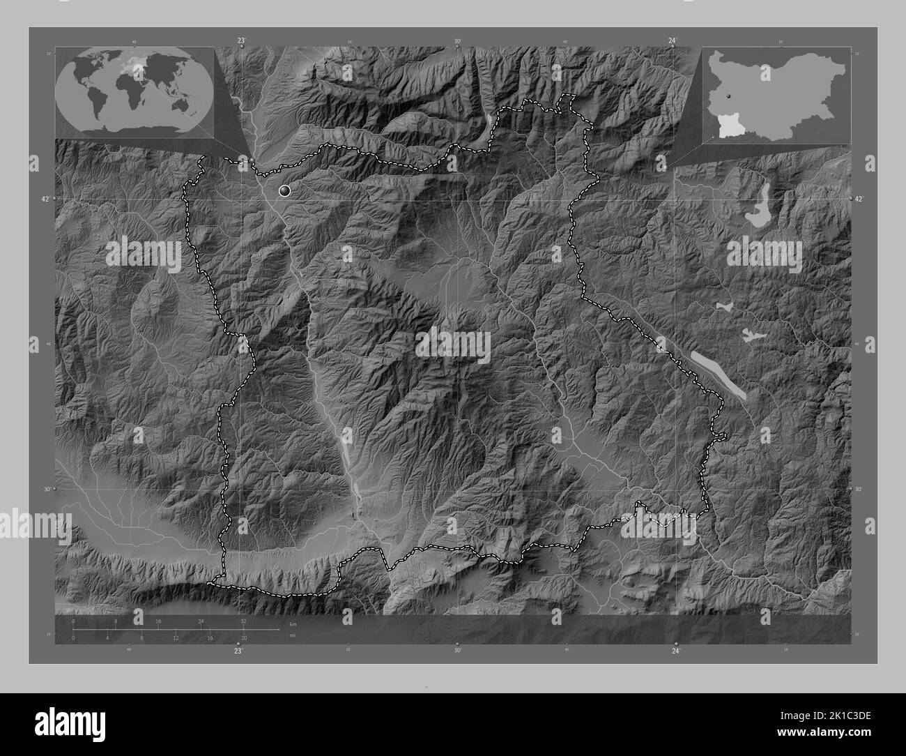 Blagoevgrad, province of Bulgaria. Grayscale elevation map with lakes ...