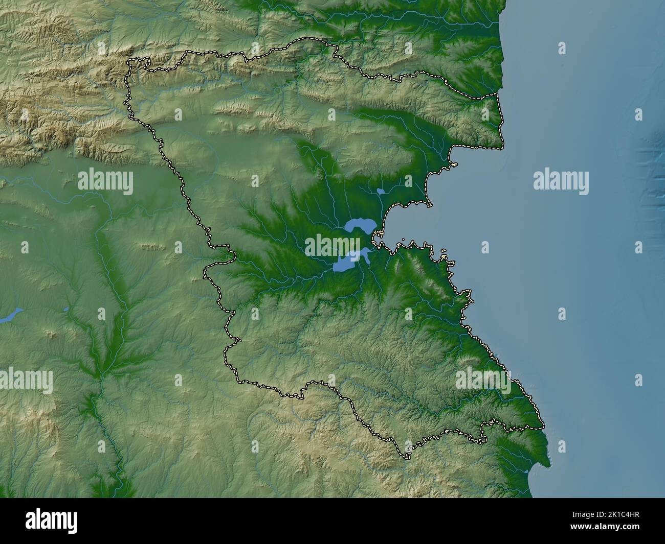 Burgas, province of Bulgaria. Colored elevation map with lakes and ...