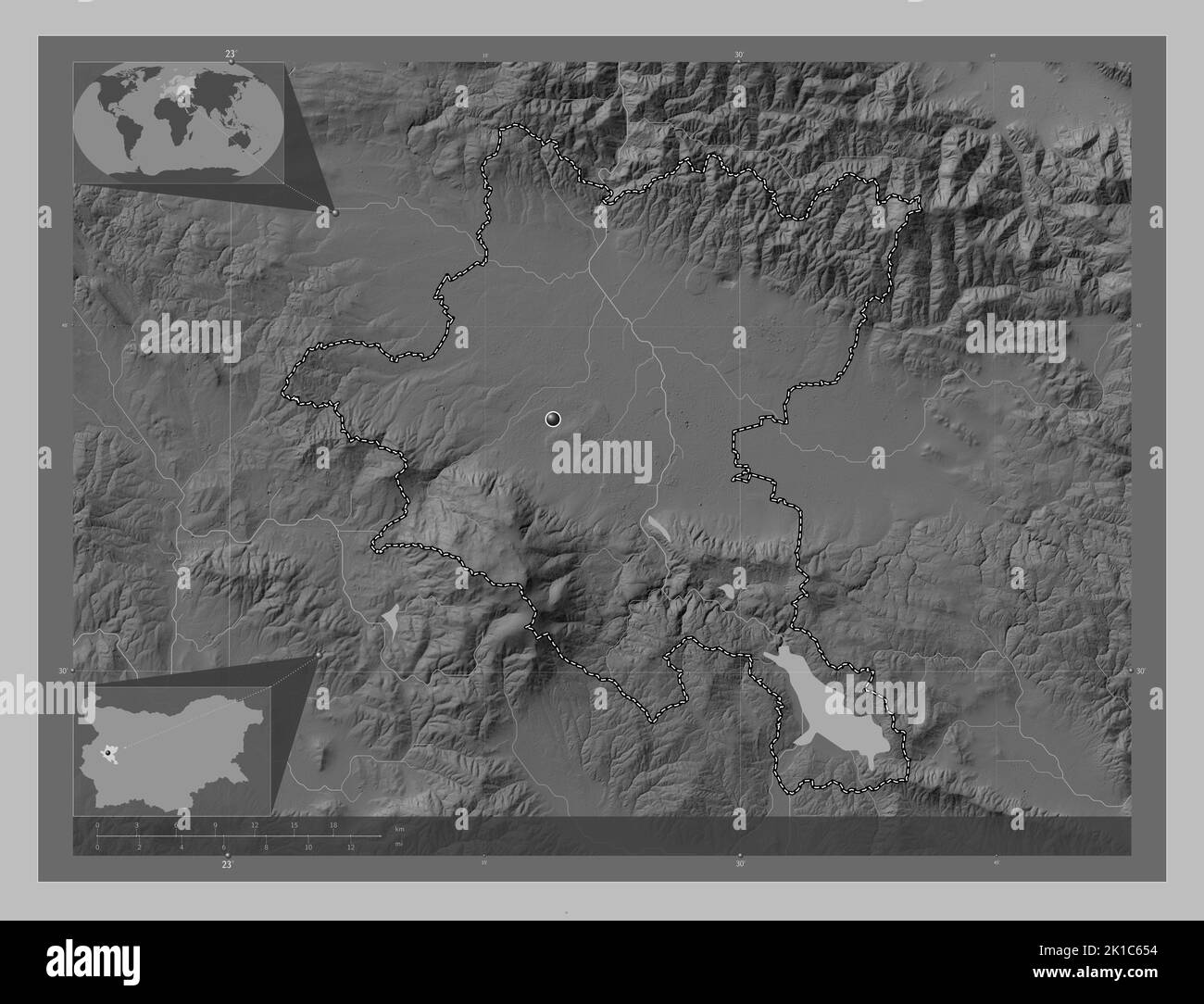 Grad Sofiya, province of Bulgaria. Grayscale elevation map with lakes