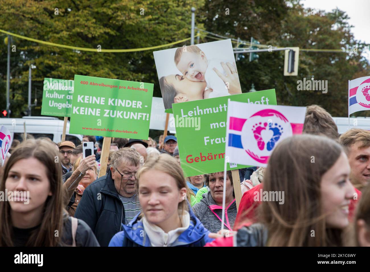 Berlin, Germany. 17th Sep, 2022. People gathered in Berlin on September 17, 2022, for the anti-abortion demonstration. There were some counter-demonstrations against the protesters of the pro-life movement. The movement has held numerous demonstrations in Berlin since 2002, and annually since 2008. A significant supporter of the demonstration is, among others, the Catholic Church. Numerous popes have already addressed greetings to the participants in the years before. The central thesis is that human life and human dignity begin with conception. In this sense, abortion is killing the unborn an Stock Photo