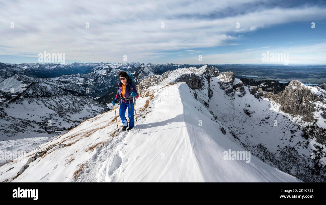 Climber on a rocky snowy ridge, hiking trail to Ammergauer Hochplatte, view of mountain panorama, behind peak crow, in autumn, Ammergau Alps Stock Photo