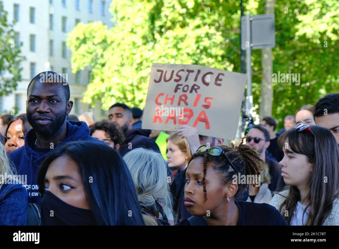 London, UK. 17th September, 2022. Protesters holding anti-racism placards gathered outside Metropolitan Police HQ, New Scotland Yard for the second weekend in a row after Chris Kaba, an unarmed 24-year-old black man and father-to-be was fatally shot by a firearms officer in Streatham following a car pursuit. Credit: Eleventh Hour Photography/Alamy Live News Stock Photo