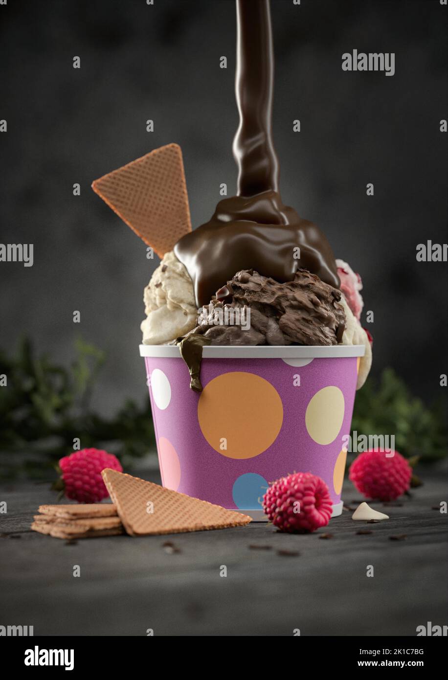 Sundae with flowing chocolate, raspberries and ice cream wafers. 3D rendering. Illustration Stock Photo