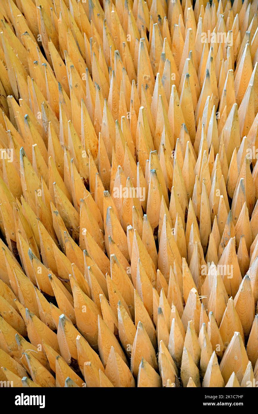 Stacked fence posts with sharpened ends, Bavaria, Germany Stock Photo