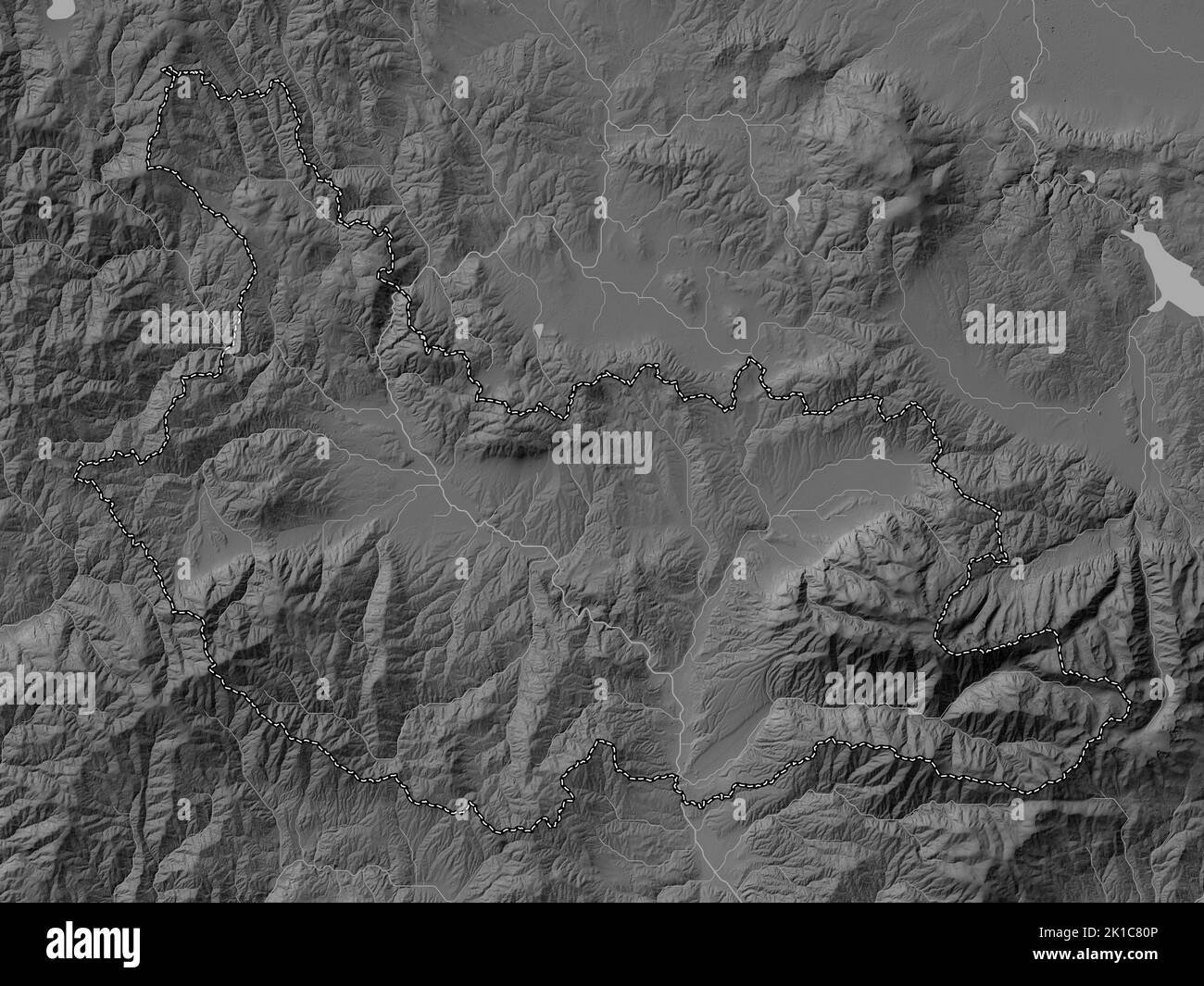 Kyustendil, province of Bulgaria. Grayscale elevation map with lakes