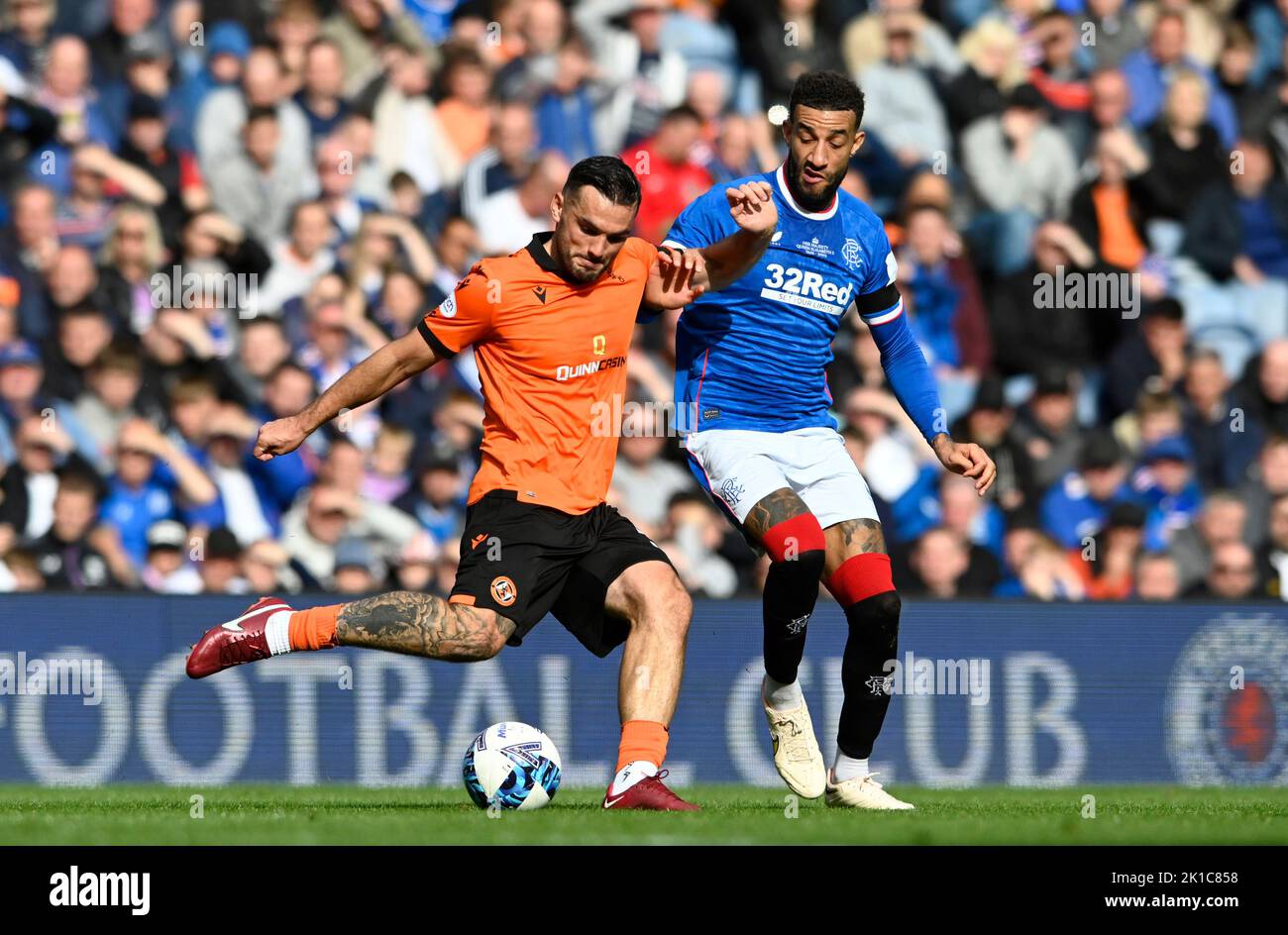 Glasgow, UK. 17th September 2022. Tony Watt of Dundee Utd and Connor Goldson of Rangers during