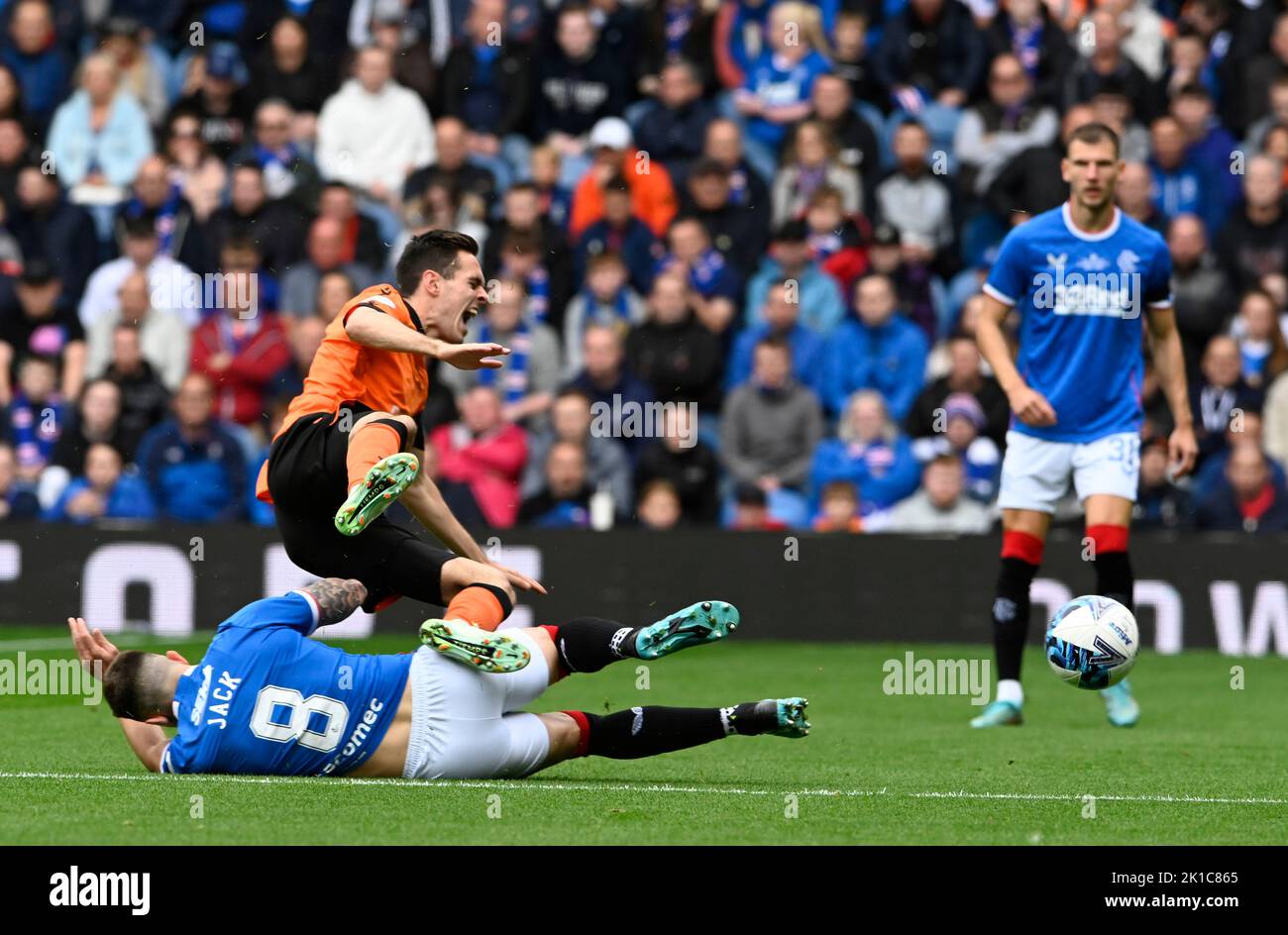 Glasgow, UK. 17th September 2022. Ryan Jack of Rangers and Dylan Levitt of Dundee Utd during the