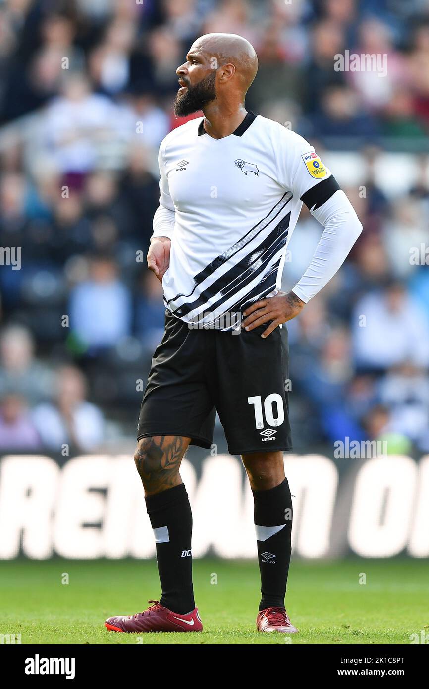 David McGoldrick of Derby County looking dejected during the Sky Bet League 1 match between Derby County and Wycombe Wanderers at Pride Park, Derby on Saturday 17th September 2022. Stock Photo
