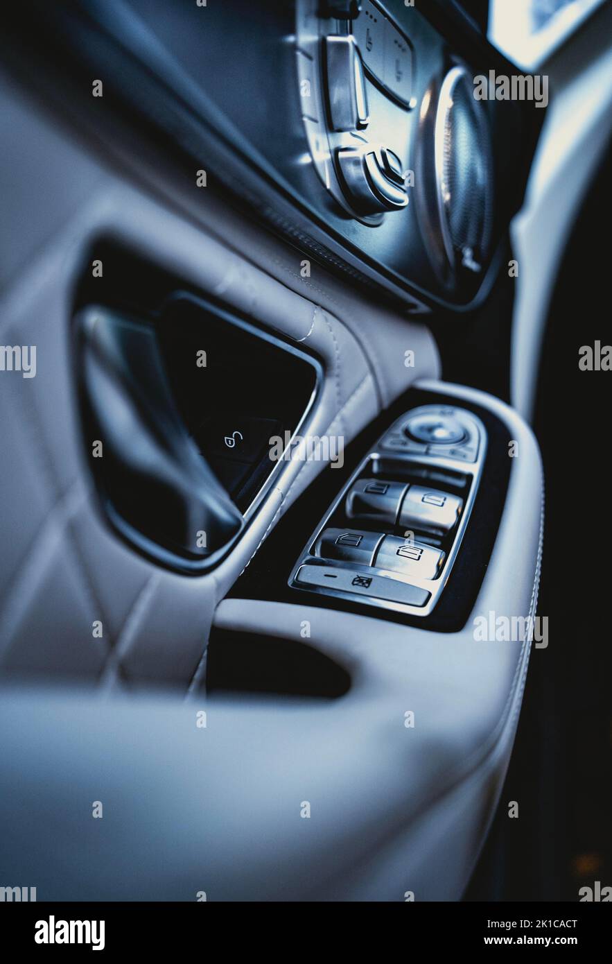 Detail of a vehicle door covered with white leather of a Mercedes AMG, Pforzheim, Germany Stock Photo