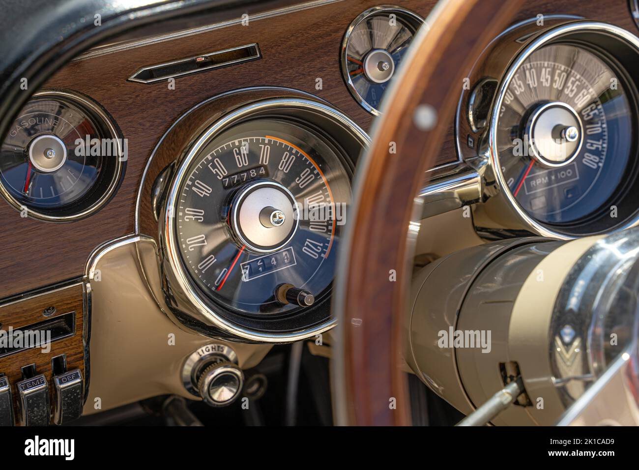 Speedometer of a Ford Mustang classic car with steering wheel. Gechingen, Germany Stock Photo