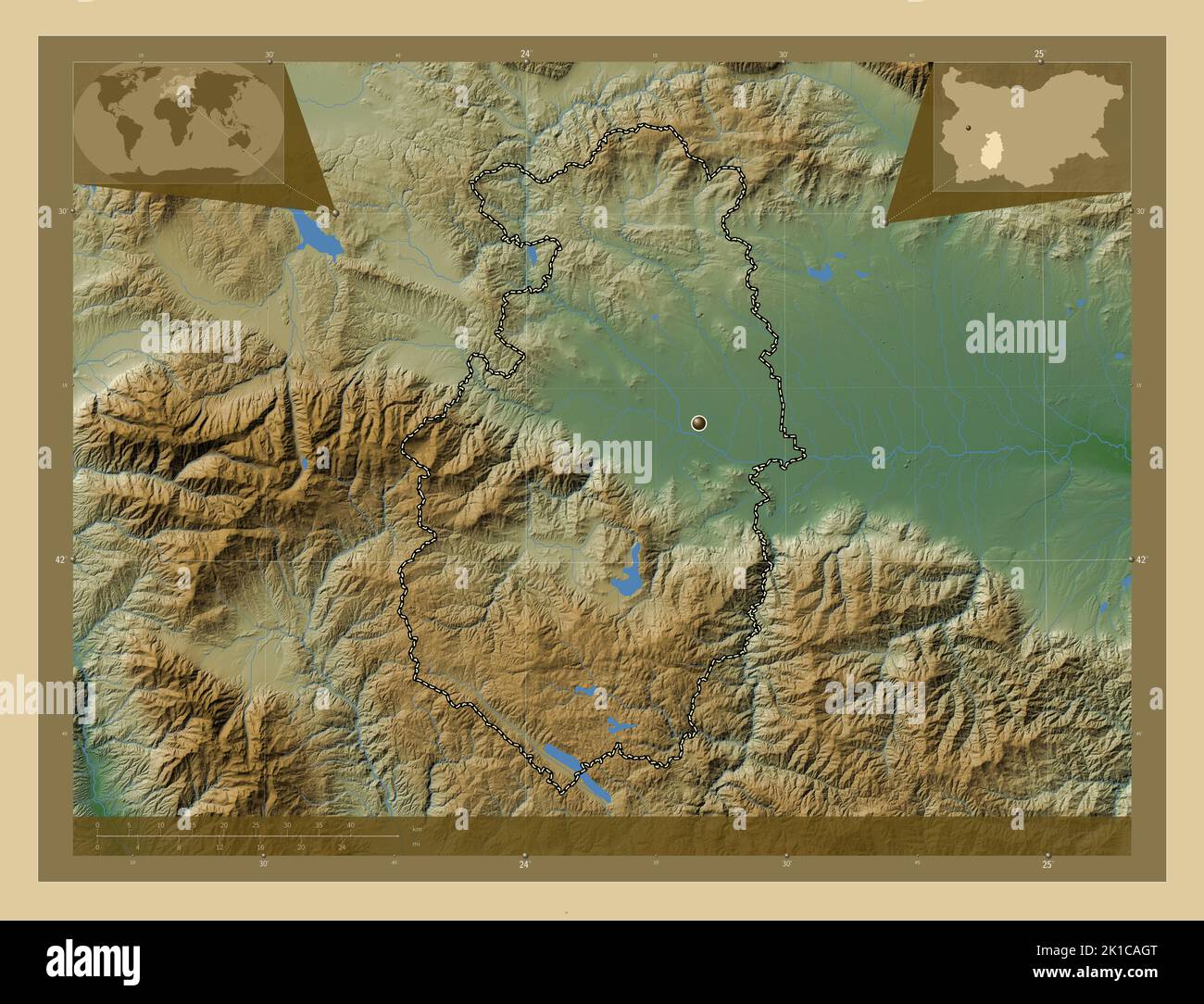 Pazardzhik, province of Bulgaria. Colored elevation map with lakes and ...