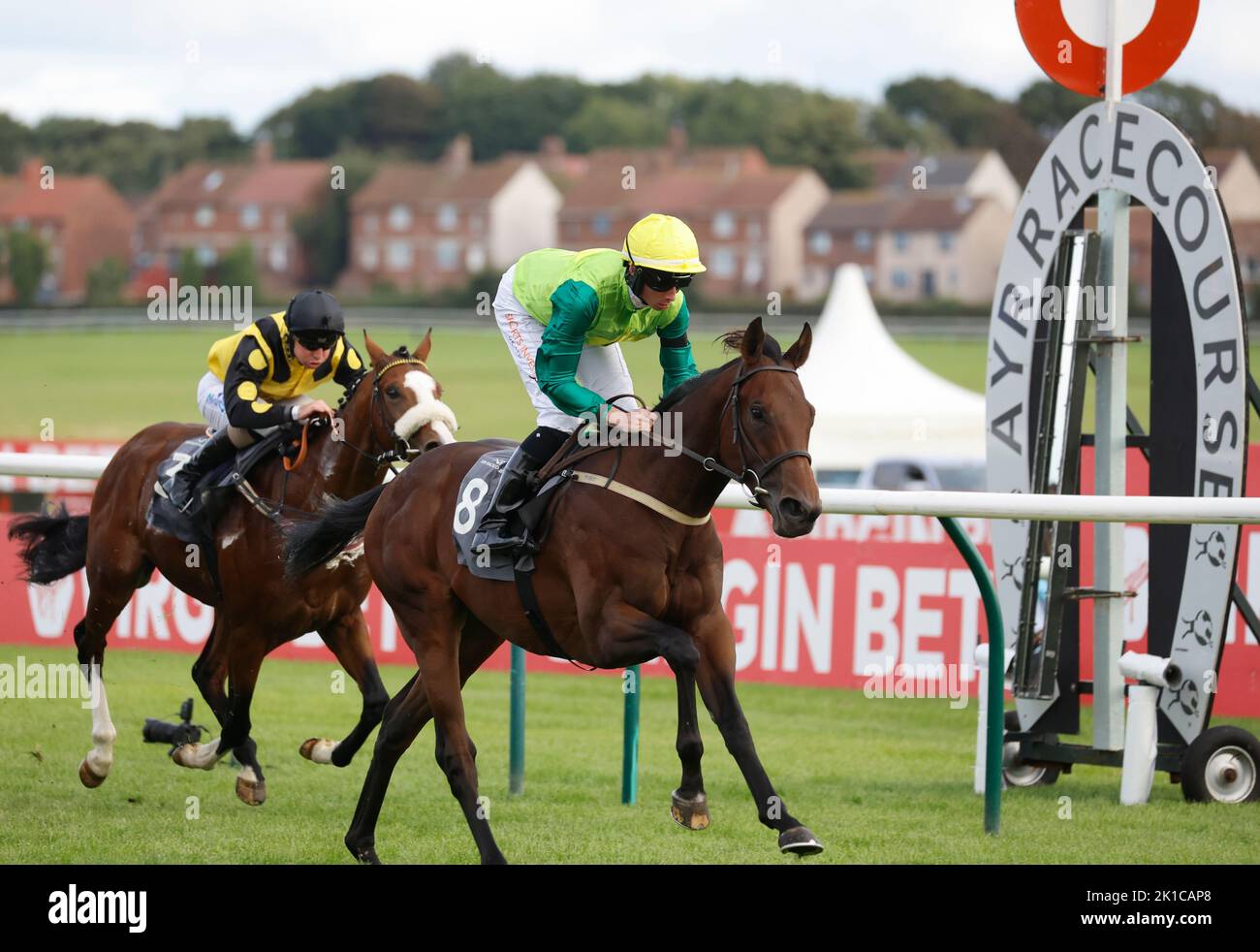 Metal Merchant ridden by jockey Rossa Ryan wins the Remus Uomo EBF Nursery during the Virgin Bet Ayr Gold Cup day at Ayr Racecourse, Ayr. Picture date: Saturday September 17, 2022. Stock Photo