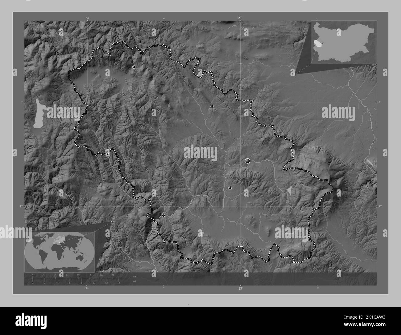 Pernik, province of Bulgaria. Grayscale elevation map with lakes and