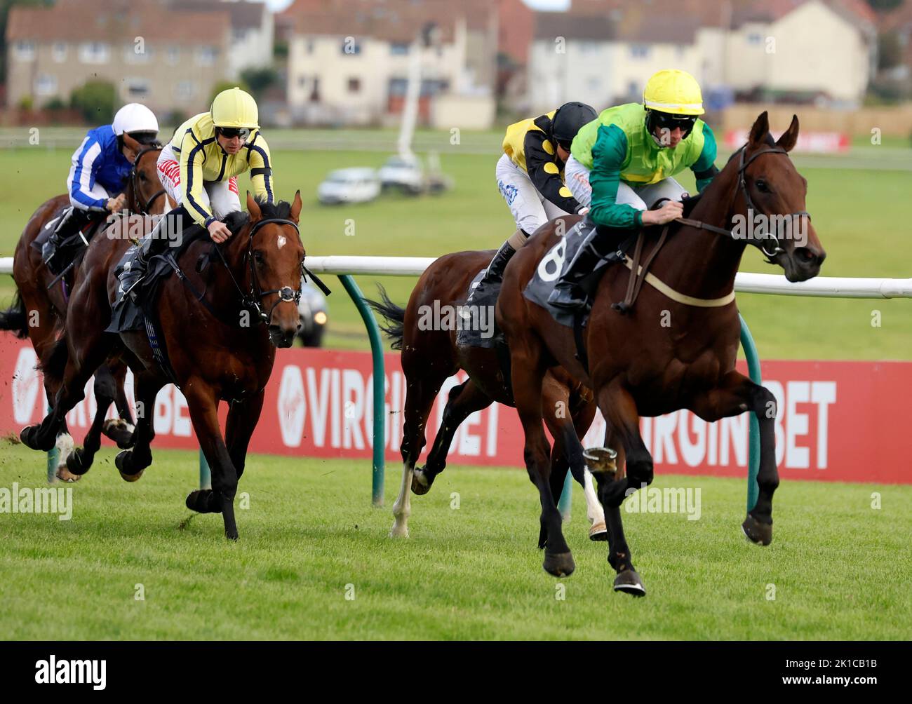Metal Merchant ridden by jockey Rossa Ryan wins the Remus Uomo EBF Nursery during the Virgin Bet Ayr Gold Cup day at Ayr Racecourse, Ayr. Picture date: Saturday September 17, 2022. Stock Photo