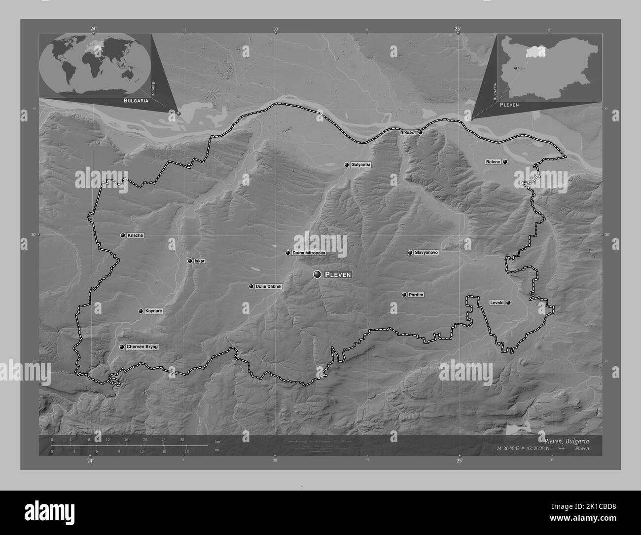 Pleven, province of Bulgaria. Grayscale elevation map with lakes and