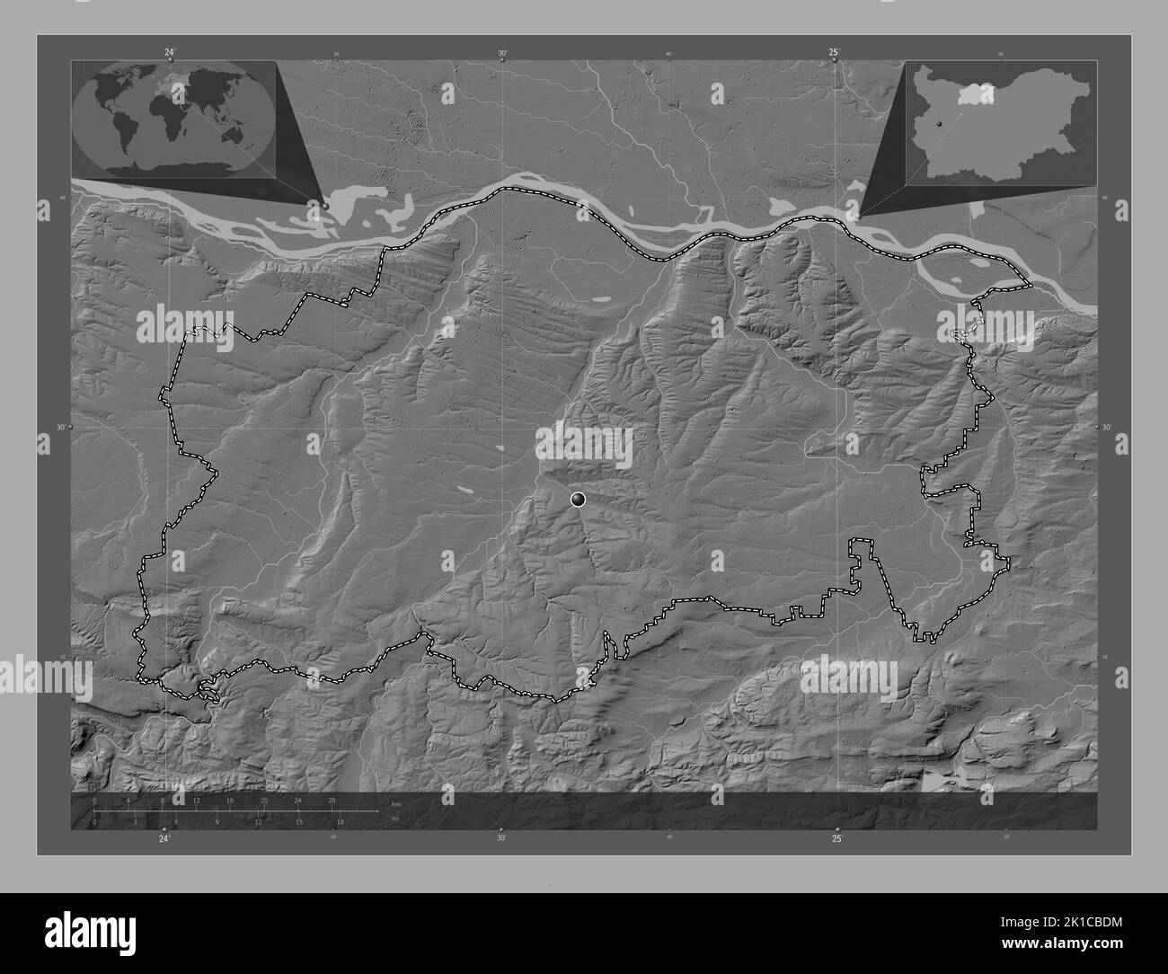 Pleven, province of Bulgaria. Bilevel elevation map with lakes and