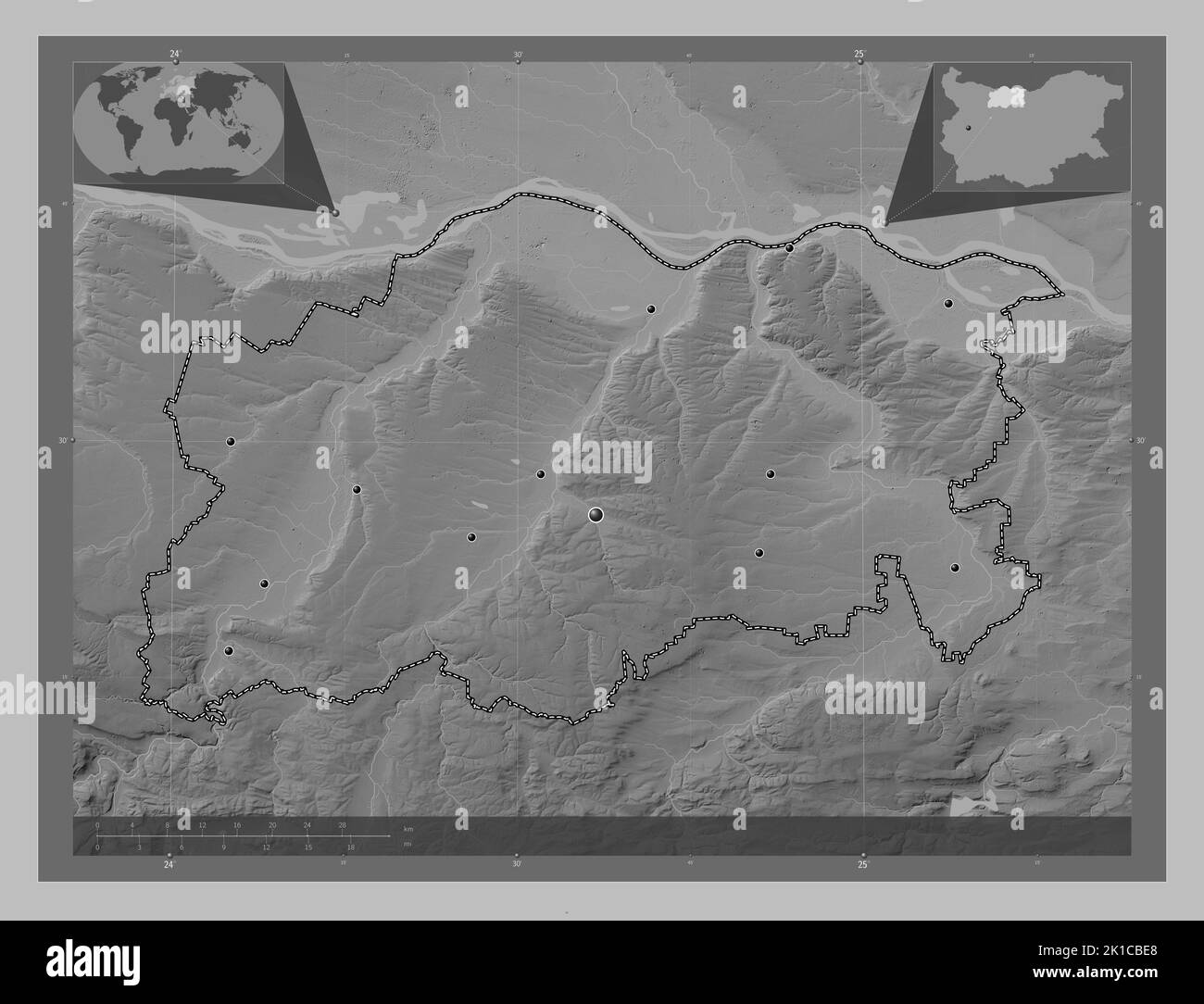 Pleven, province of Bulgaria. Grayscale elevation map with lakes and ...