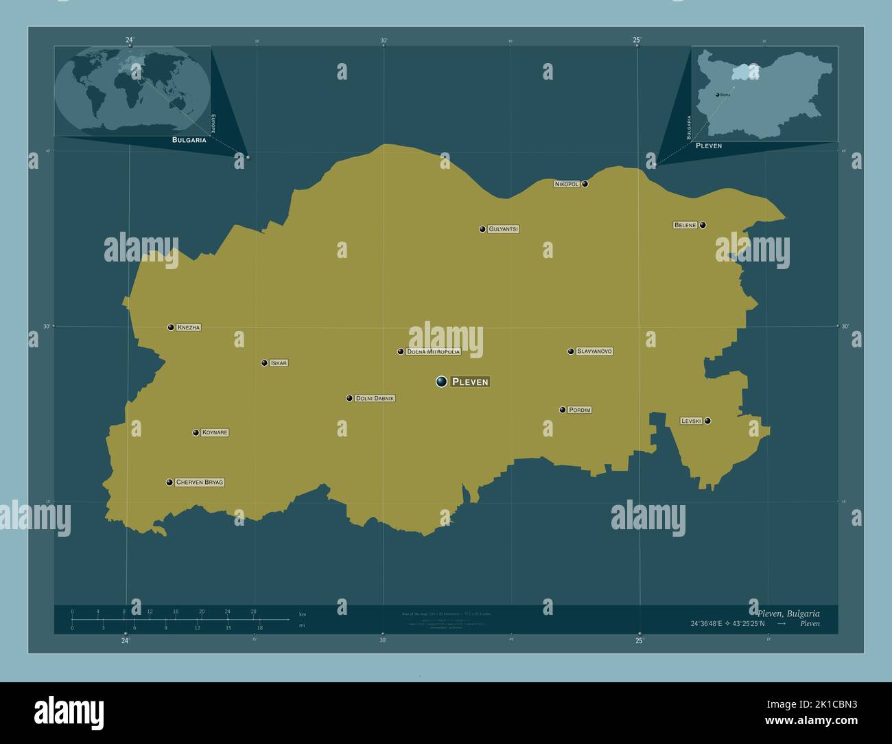 Pleven, province of Bulgaria. Solid color shape. Locations and names of