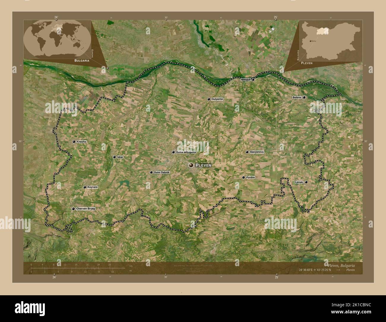 Pleven, province of Bulgaria. Low resolution satellite map. Locations