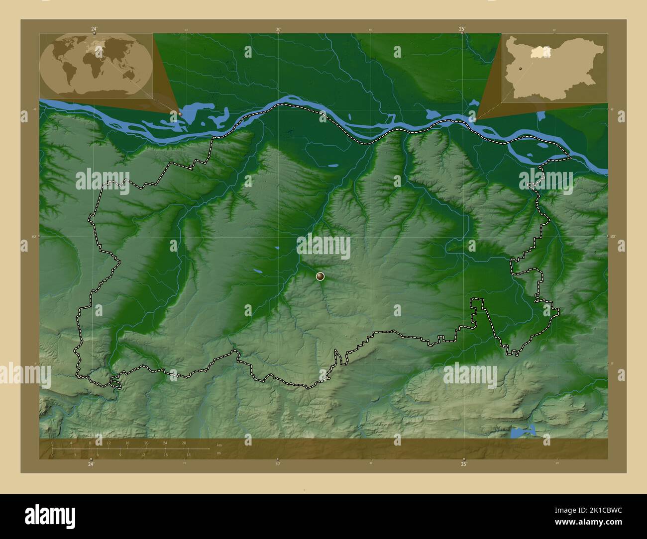 Pleven, province of Bulgaria. Colored elevation map with lakes and