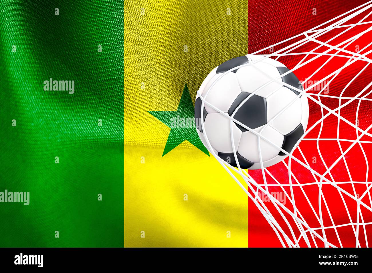 FIFA World Cup 2022, Senegal National flag with a soccer ball in net, Qatar 2022 Wallpaper, 3D work and 3D image. Yerevan, Armenia - 2022 September 16 Stock Photo