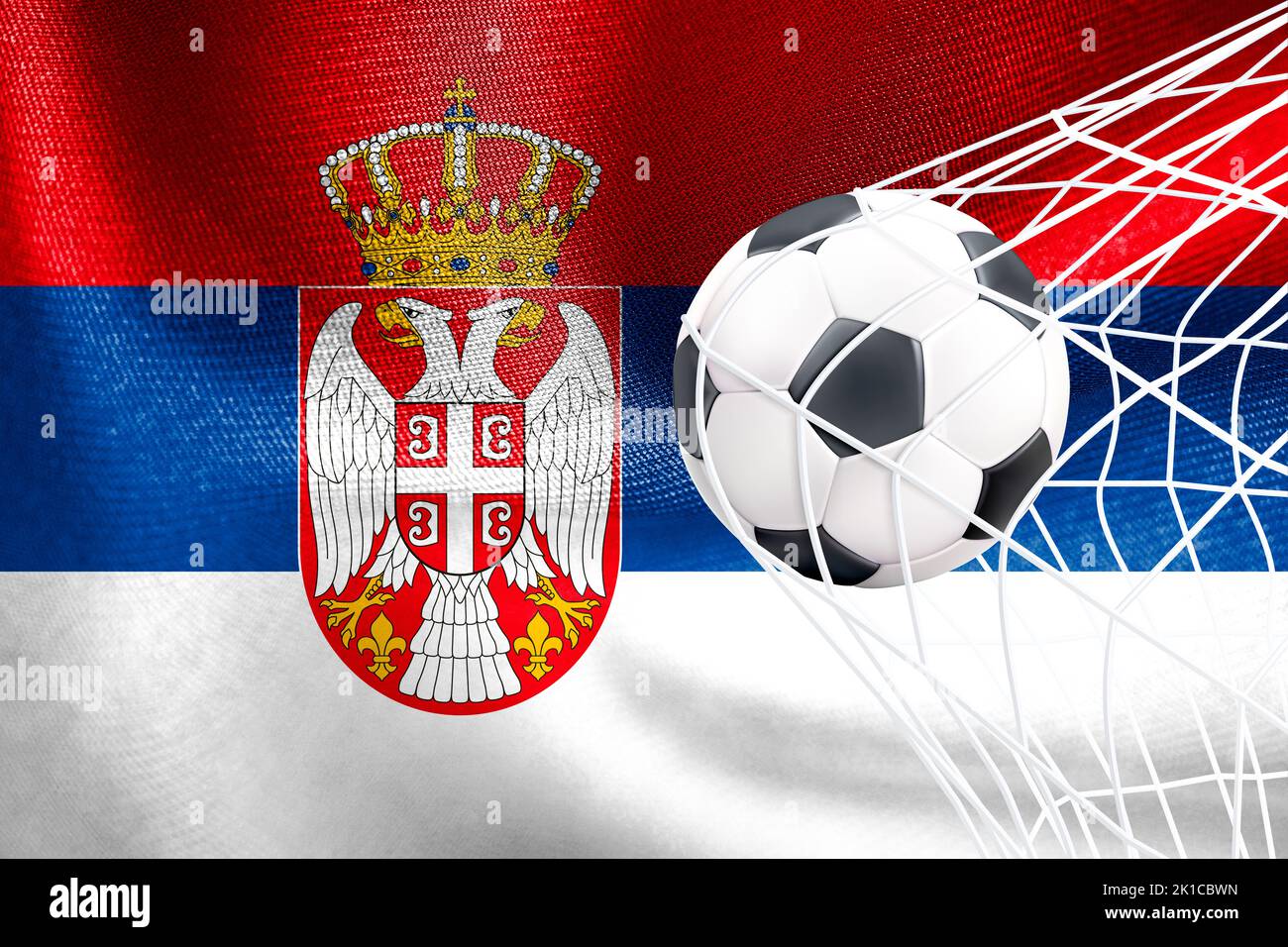 FIFA World Cup 2022, Serbia National flag with a soccer ball in net, Qatar 2022 Wallpaper, 3D work and 3D image. Yerevan, Armenia - 2022 September 16 Stock Photo