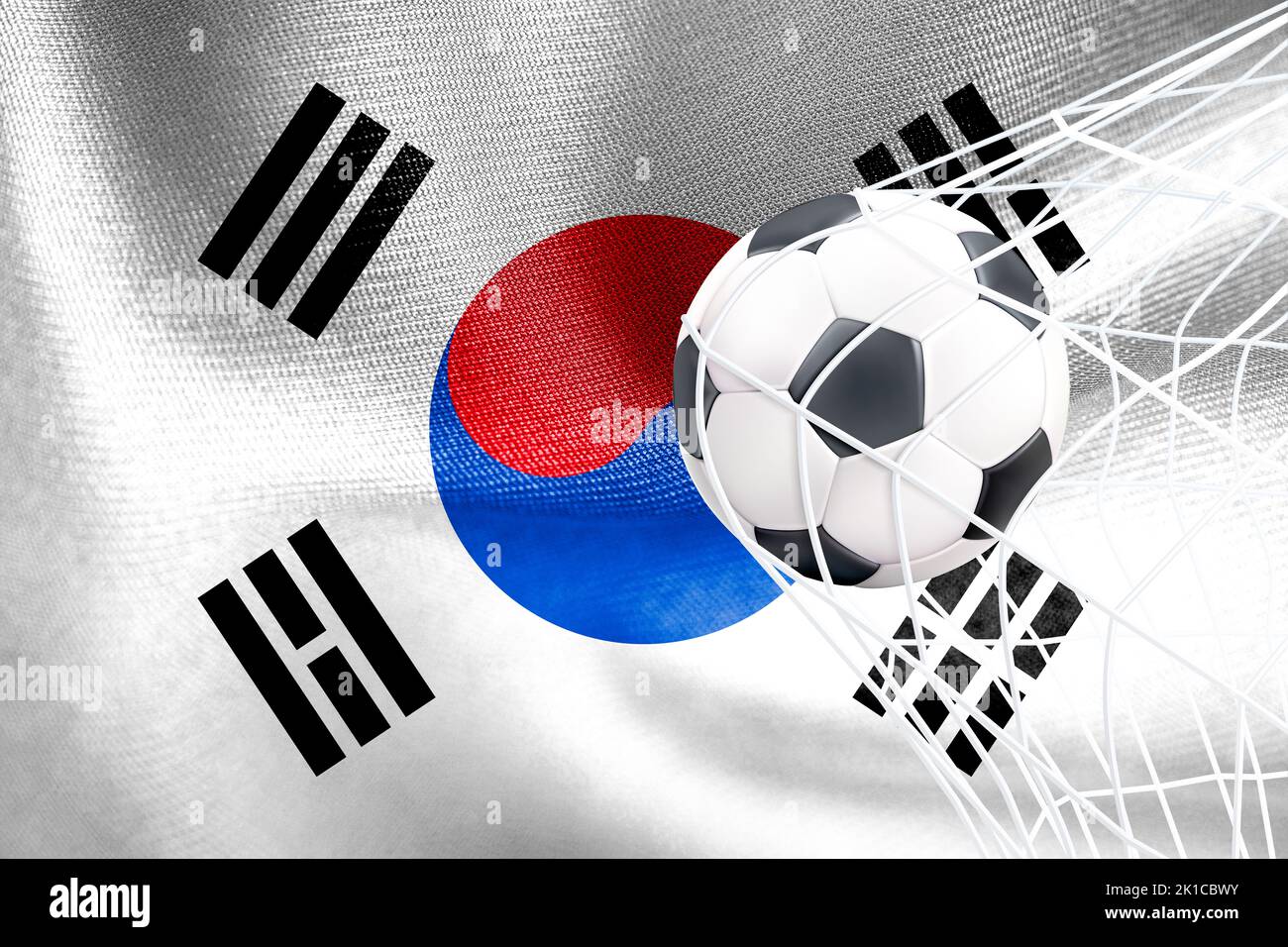 FIFA World Cup 2022, South Korea National flag with a soccer ball in net, Qatar 2022 Wallpaper, 3D work and 3D image. Yerevan, Armenia - 2022 Septembe Stock Photo